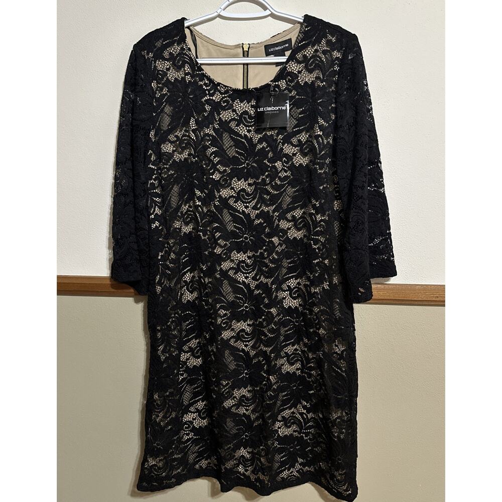 NWT Liz Claiborne Lace Overlay Dress Size 16 Black Nude 3/4 Sleeve